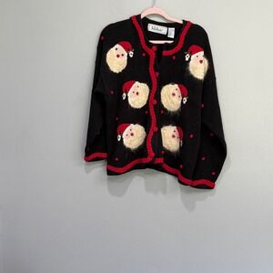 Vintage BellePointe Santa Claus Christmas Cardigan Black Red XL Ramie Cotton